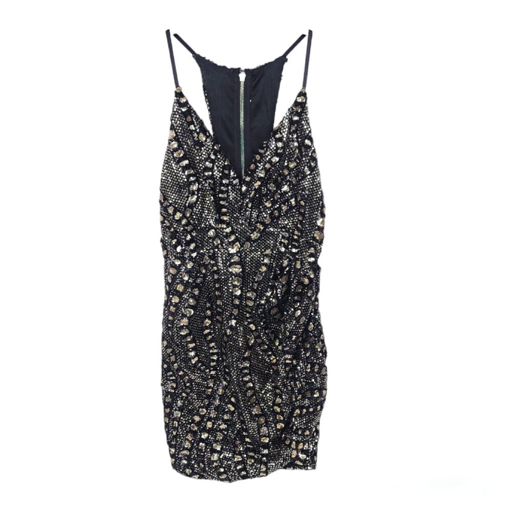Luxxel Dress Womens Medium Sequins Mini Ruched Sleeveless Gold Black Zip Short